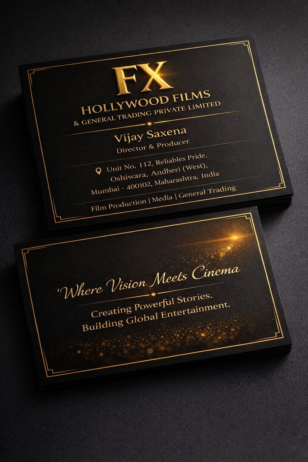 FXHollywood Films gold and black card featuring Vijay Saxena